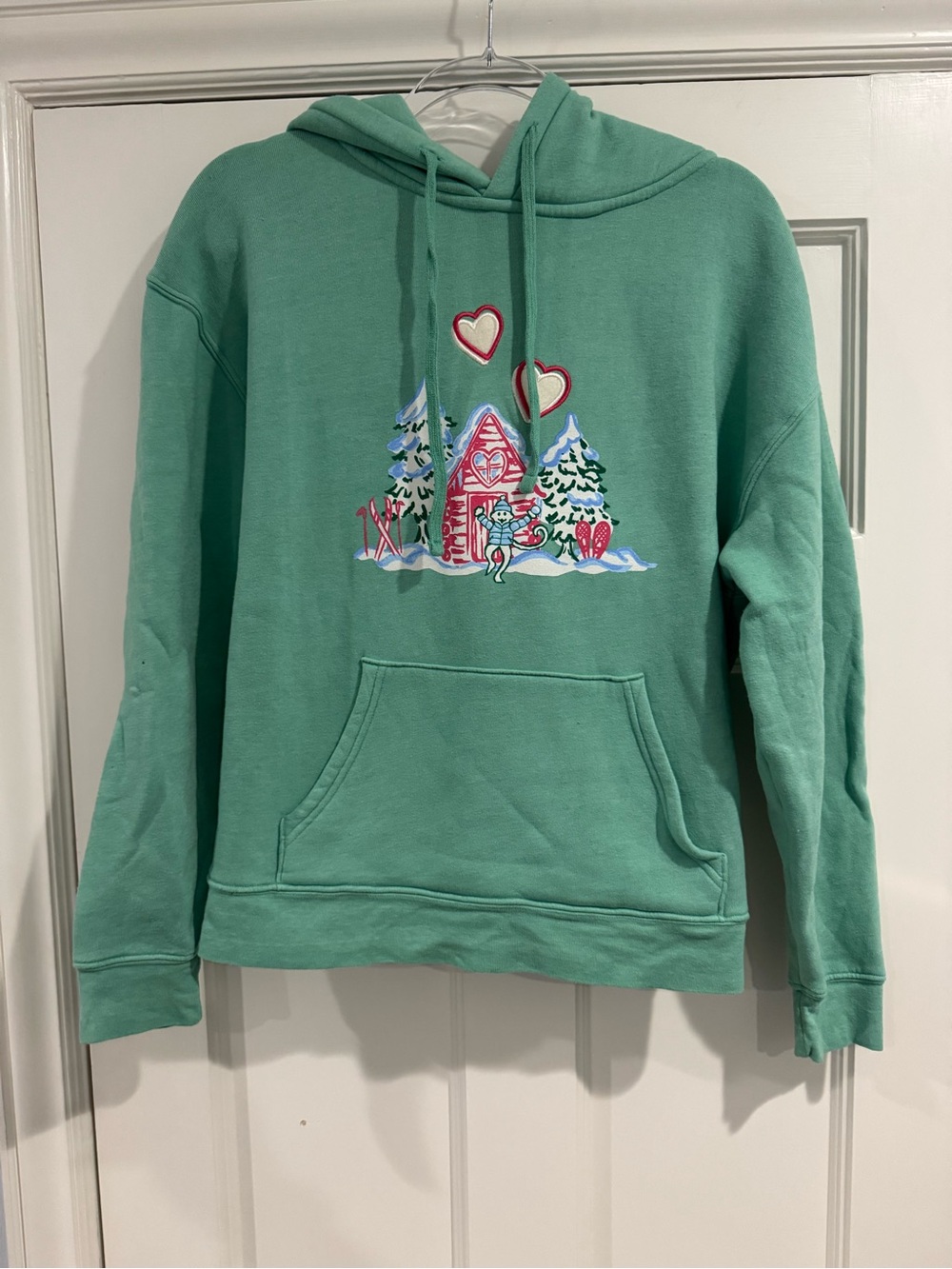 Roller Rabbit Mint Green Holiday Hoodie with Festive Cabin Embroidery